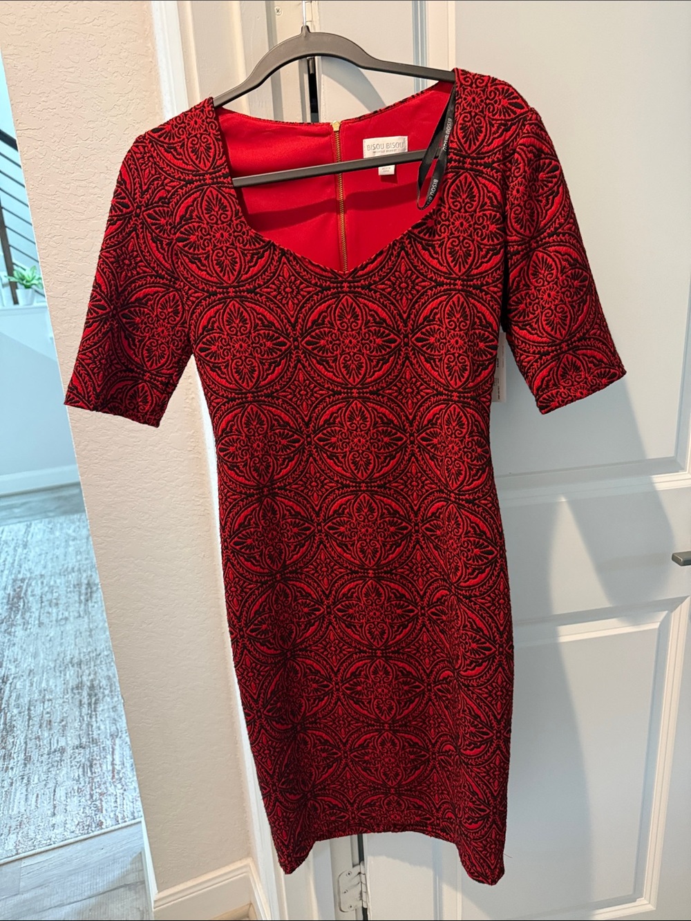 BCBG Red and Black Patterned Midi Dress